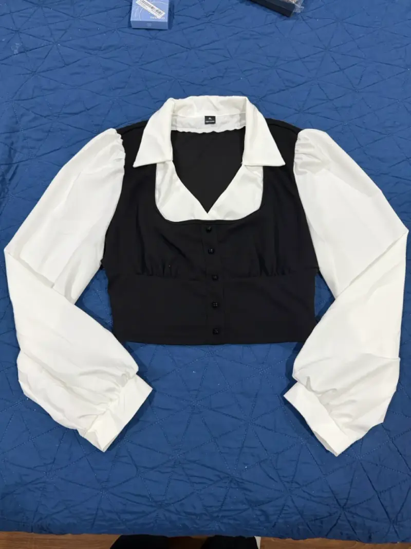 Blusa de manga larga blanca y negra elegante - 1