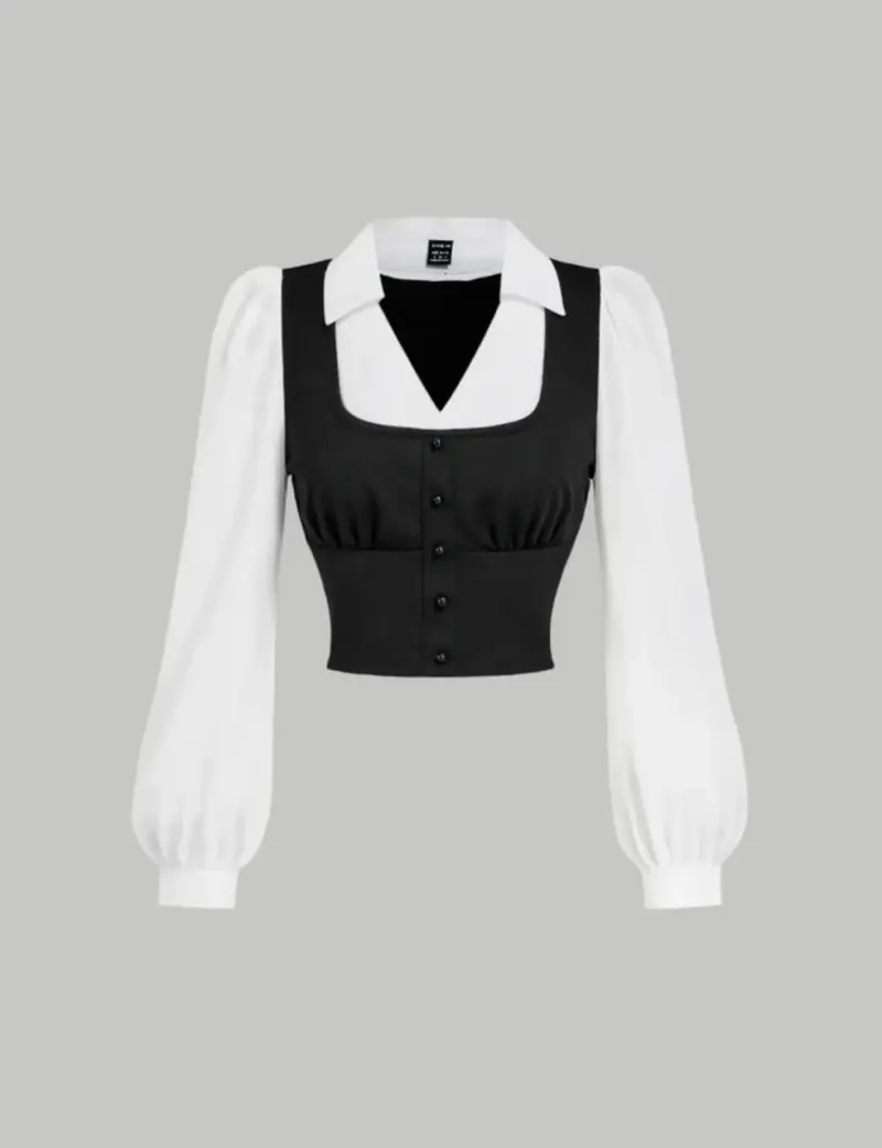 Blusa de manga larga blanca y negra elegante - 2