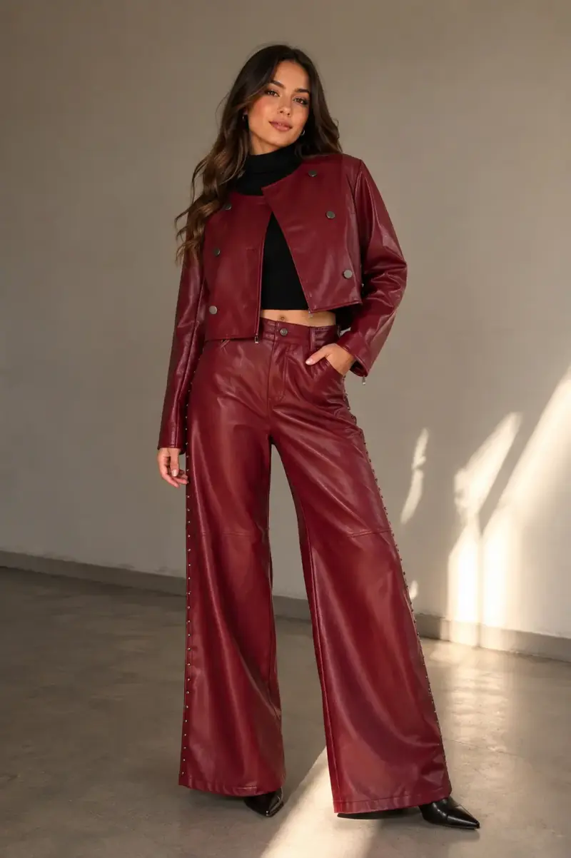 Conjunto de chaqueta y pantalón de cuero burdeos
