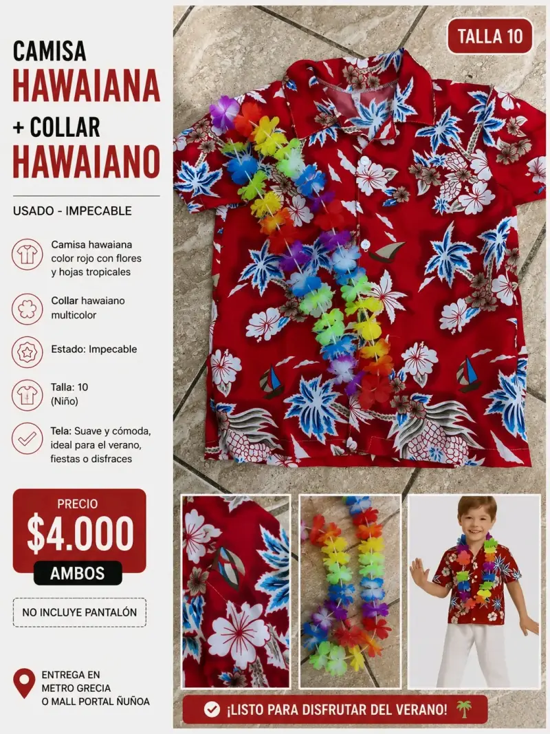 Camisa Hawaiana Roja con CollarMulticolor Talla 10 - 1