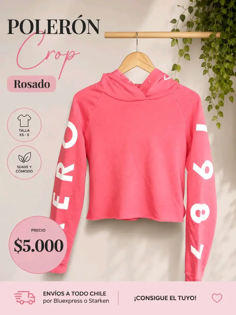 Polerón Crop Rosado Talla XS-S