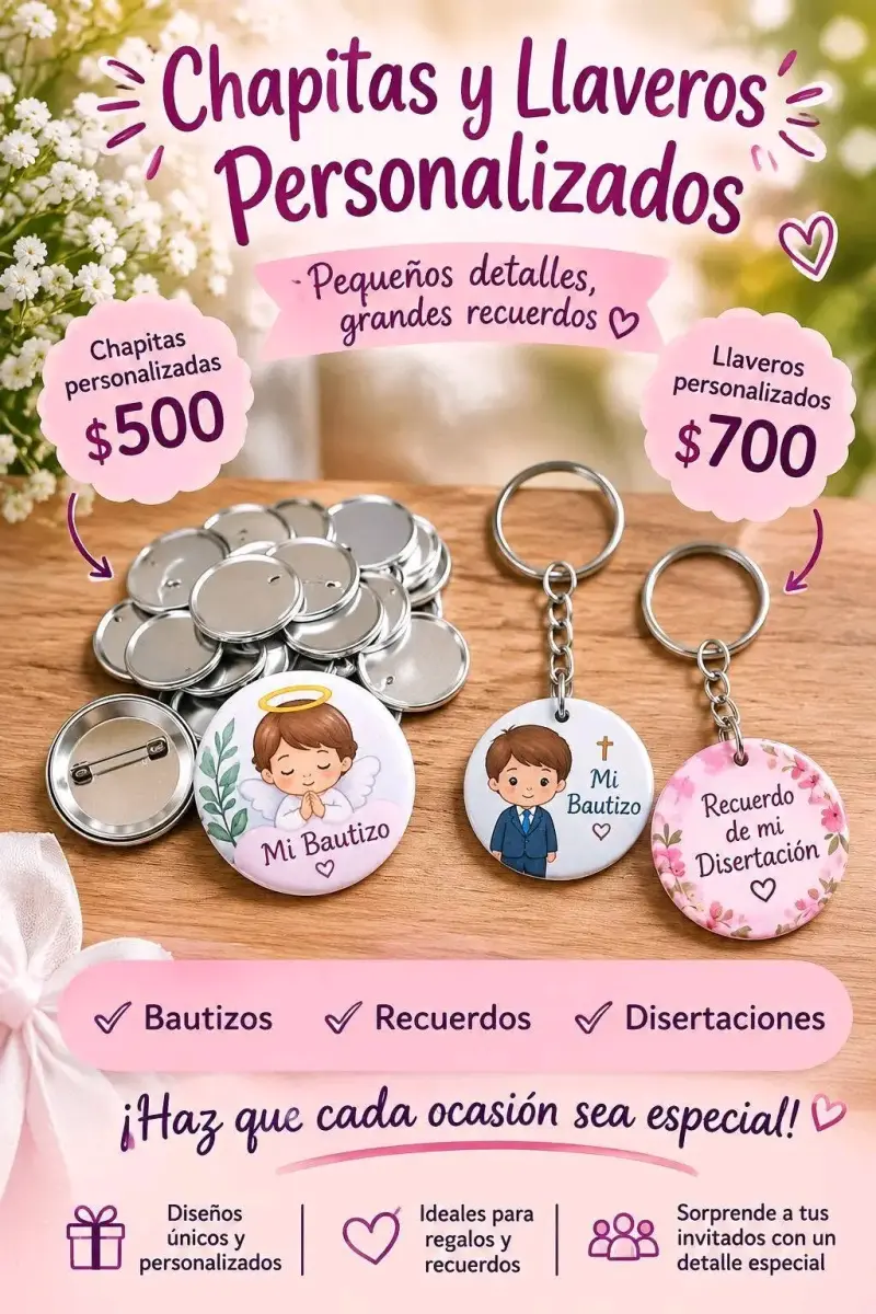 Chapitas y llaveros personalizados para eventos