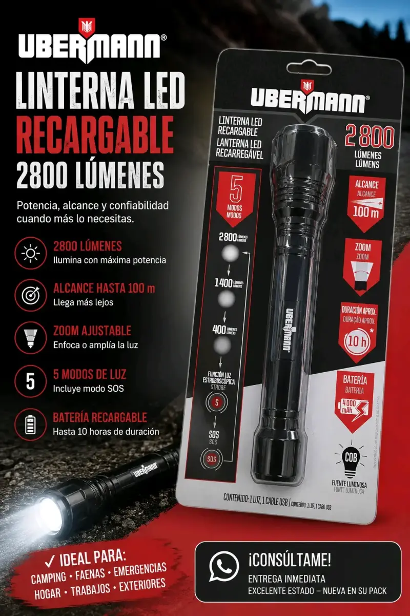 Linterna LED Recargable Ubermann 2800 Lúmenes - 1