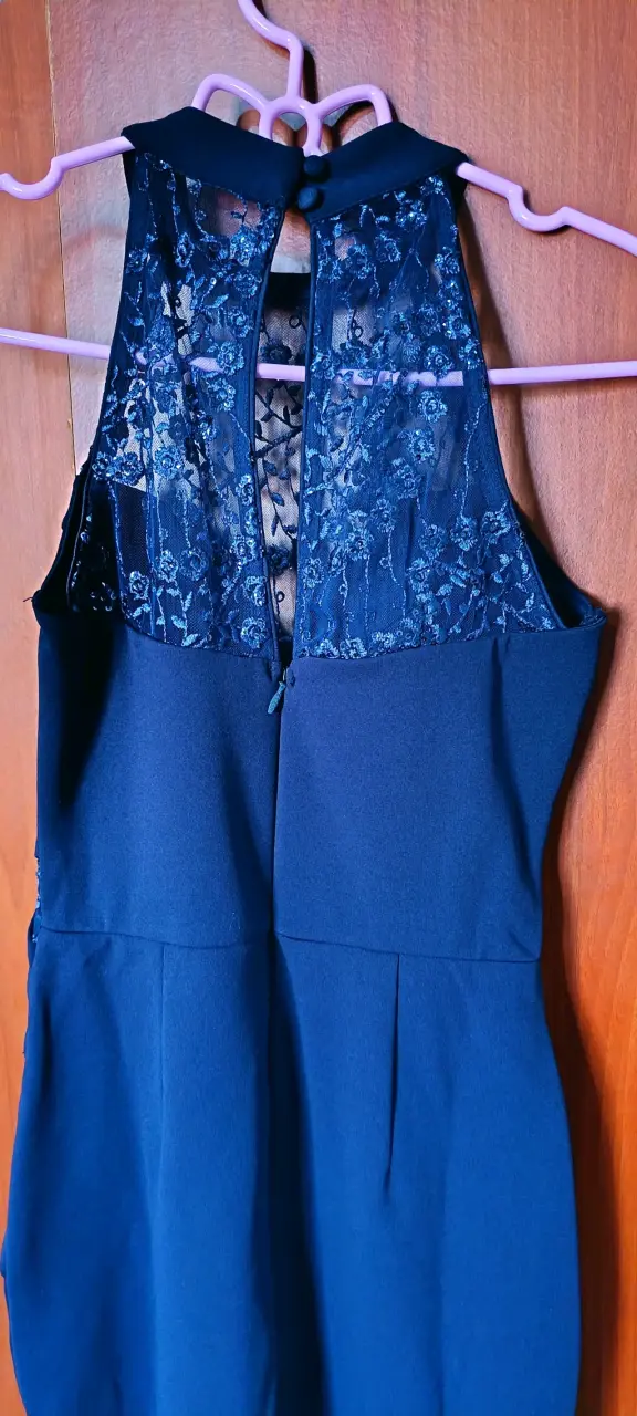 Vestido largo azul con encaje floral - 3