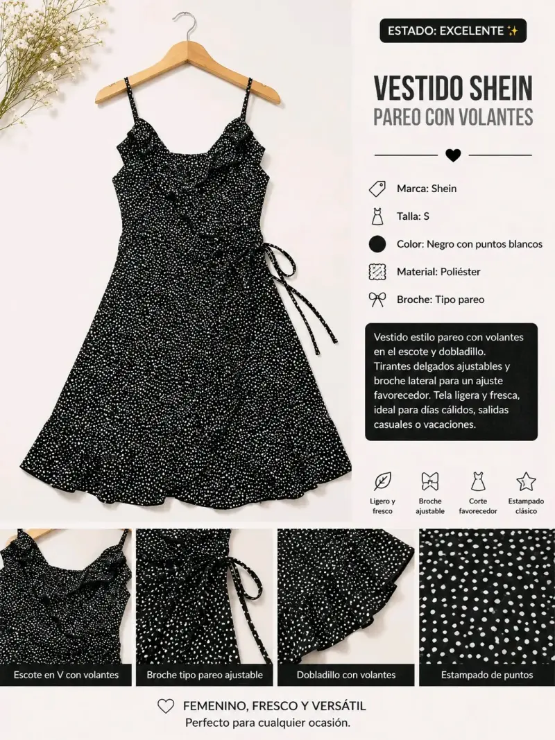 Vestido Shein negro con volantes y estampado de puntos