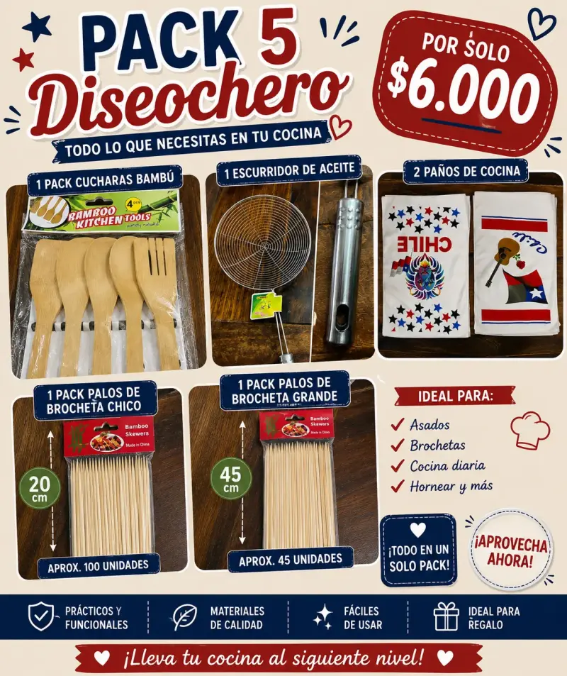 Pack de Cocina 5 Piezas con Cucharas de Bambú y +