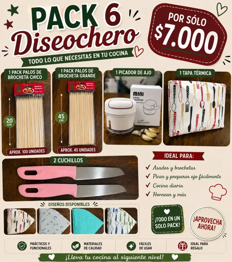 Pack 6 Utensilios de Cocina para Asados y Brocheta
