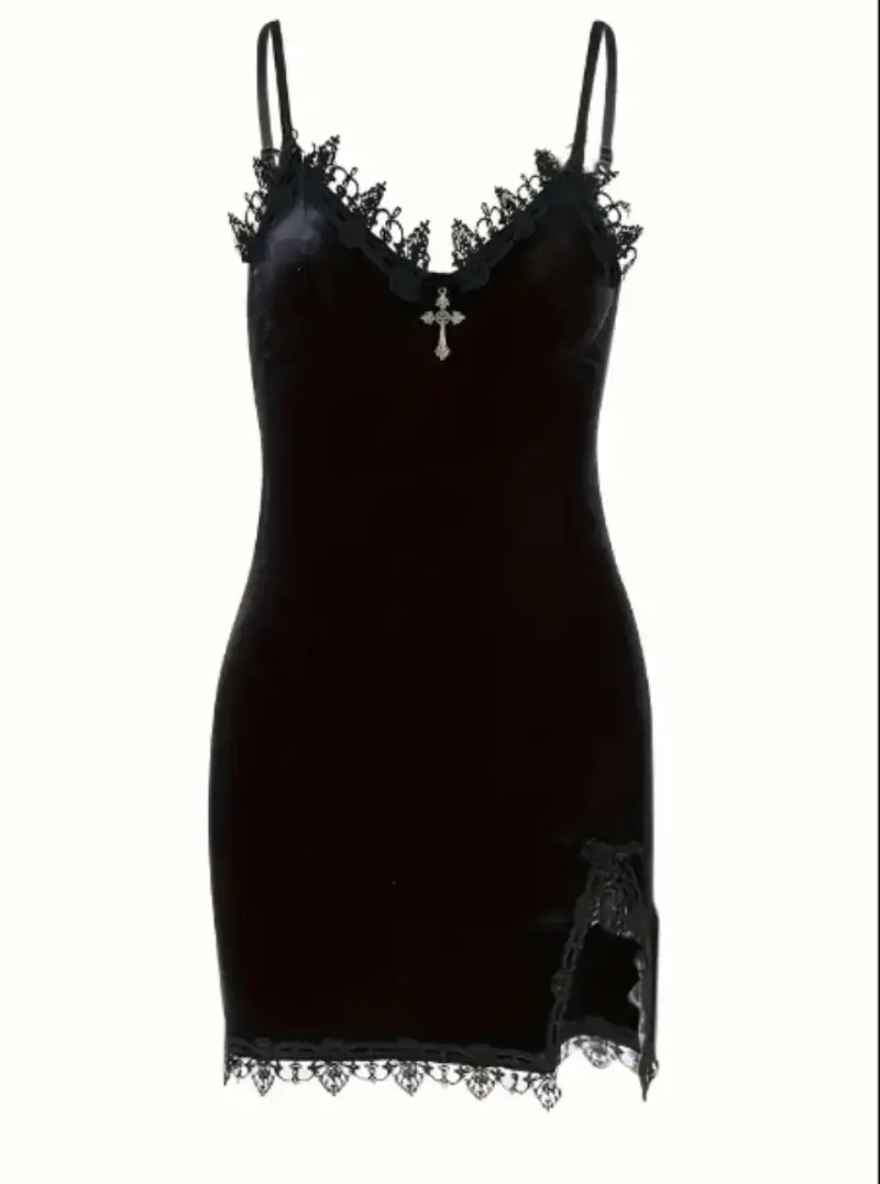 Vestido de encaje negro con detalle de cruz - 1