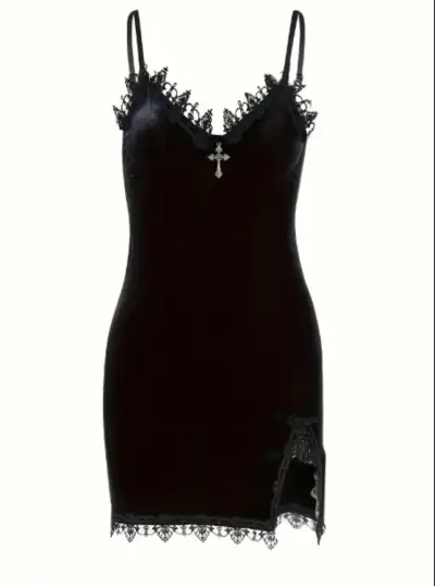 Vestido de encaje negro con detalle de cruz - miniatura 1