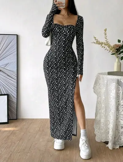 Vestido largo negro con estampado floral y abertura - miniatura 1