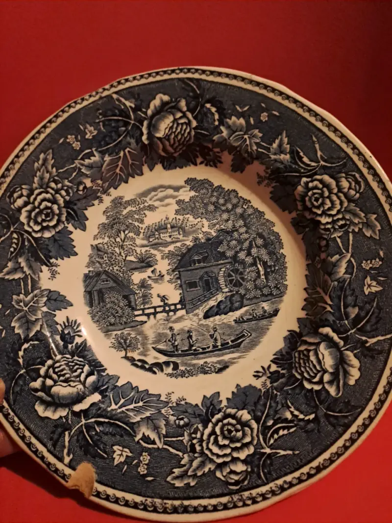Plato decorativo vintage de cerámica azul y blanco - 1