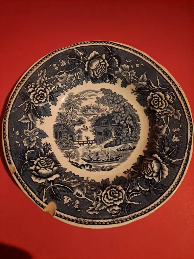 Plato decorativo vintage de cerámica azul y blanco - 2