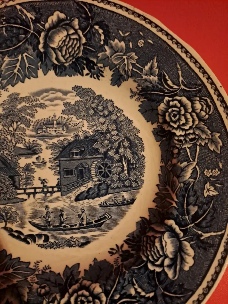 Plato decorativo vintage de cerámica azul y blanco - 3