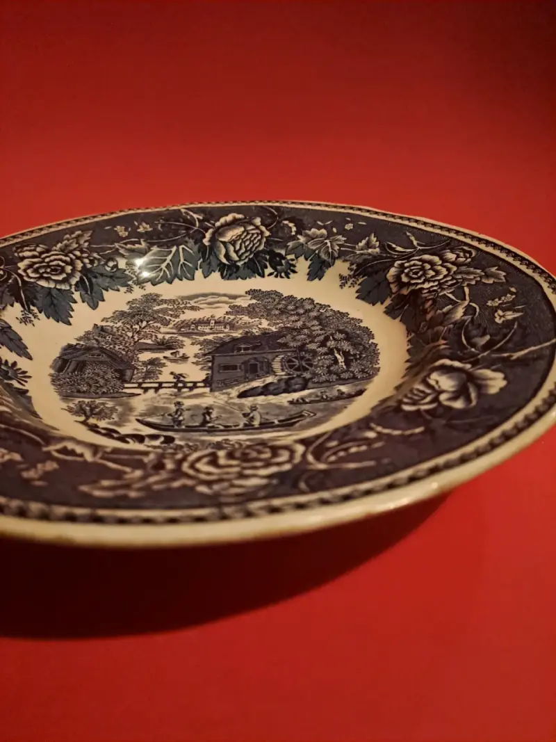 Plato decorativo vintage de cerámica azul y blanco - 4