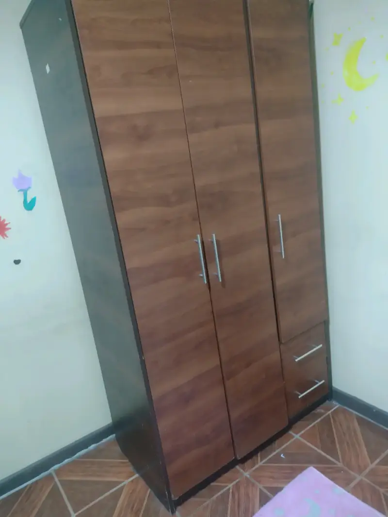 Armario de madera con tres puertas y cajones