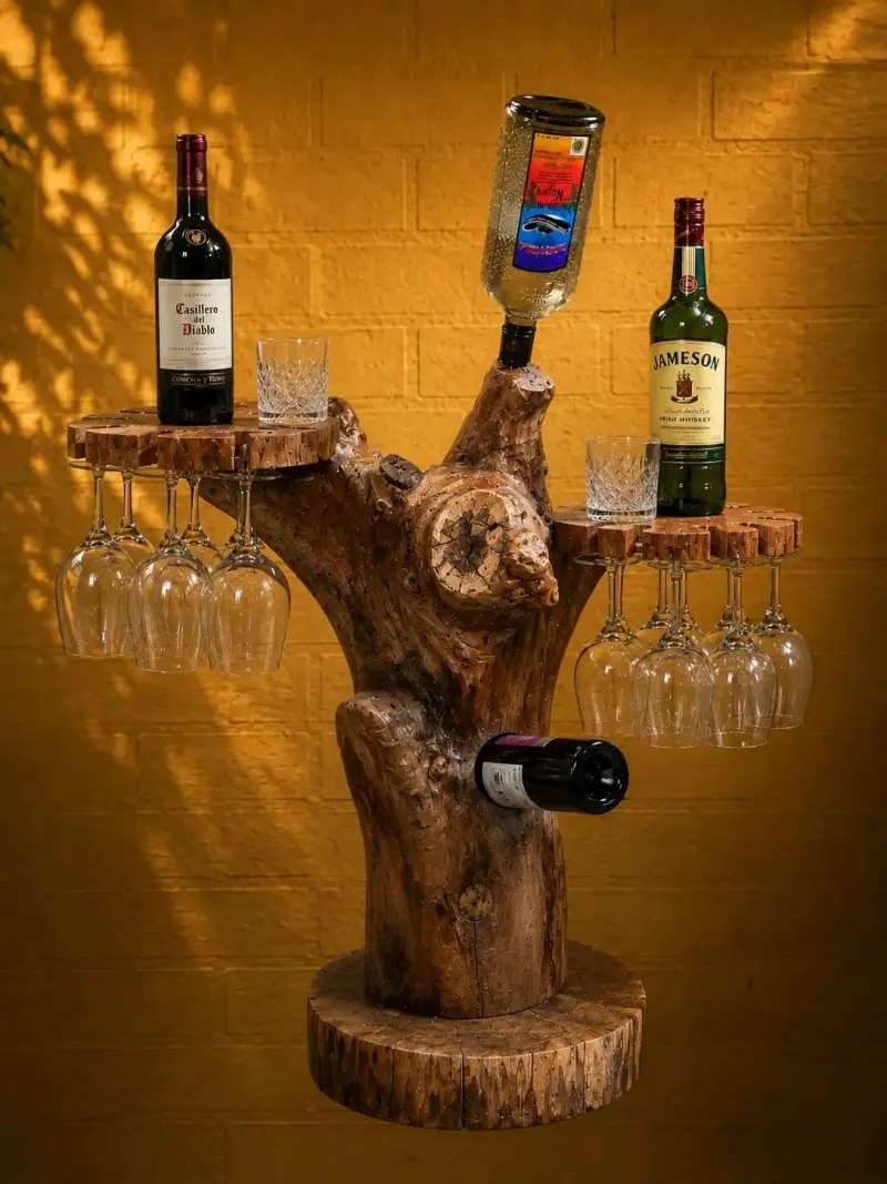 Soporte de madera para botellas y copas