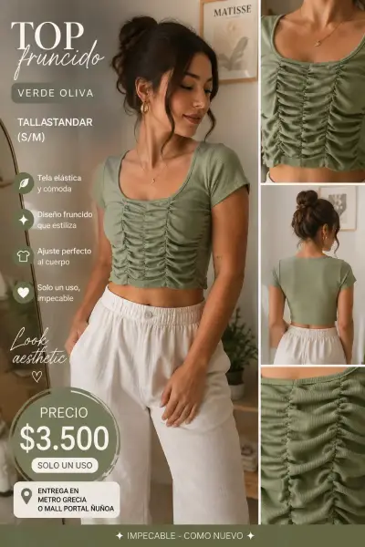 Top fruncido verde oliva talla S/M - miniatura 1