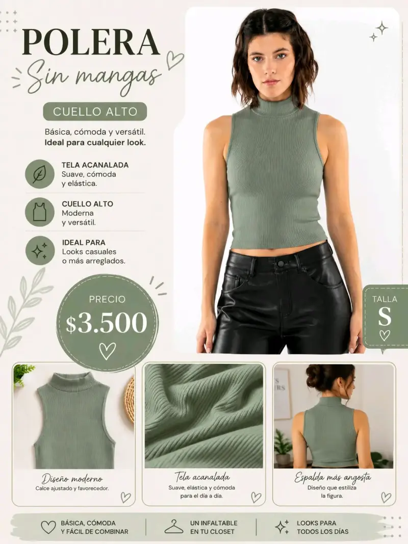 Polera sin mangas cuello alto verde - 1