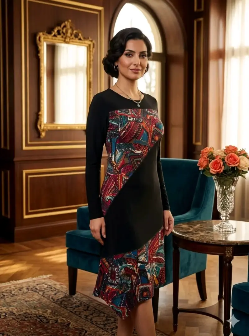 Vestido de manga larga con estampado geométrico - 1