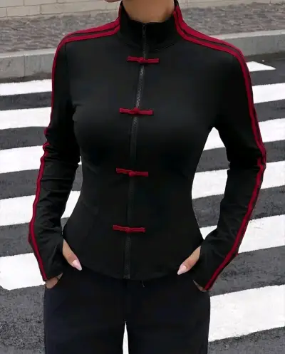 Chaqueta deportiva negra con detalles rojos asiáti - miniatura 2