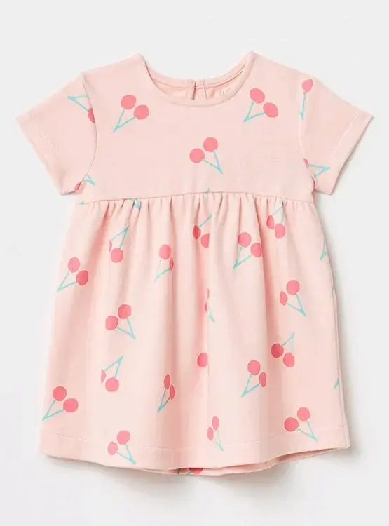 Vestido de bebé rosa con estampado de cerezas - 1