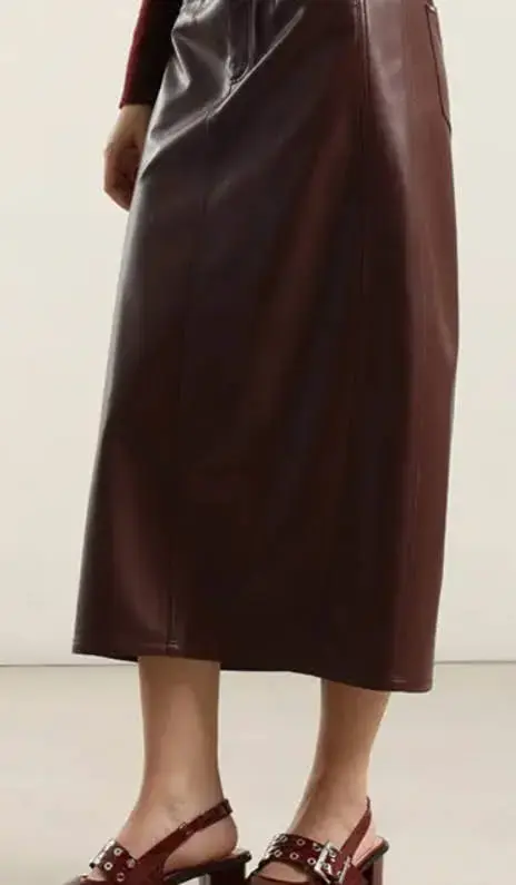 Falda midi de cuero sintético burdeos Lio-LA - 5