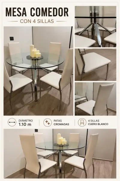 Mesa de comedor redonda con 4 sillas blancas - miniatura 1