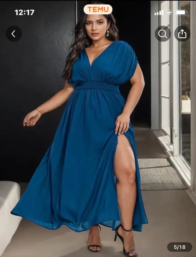 Vestido azul para mujer talla grande con abertura - 3