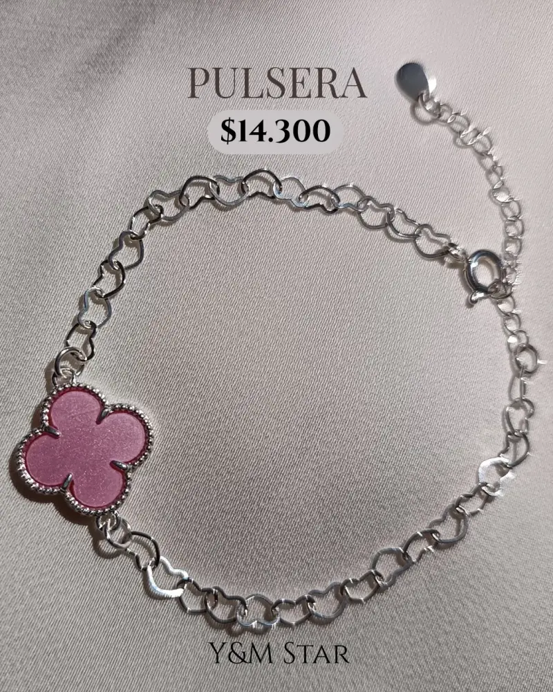 Pulsera de plata con dije de trébol rosa - 3