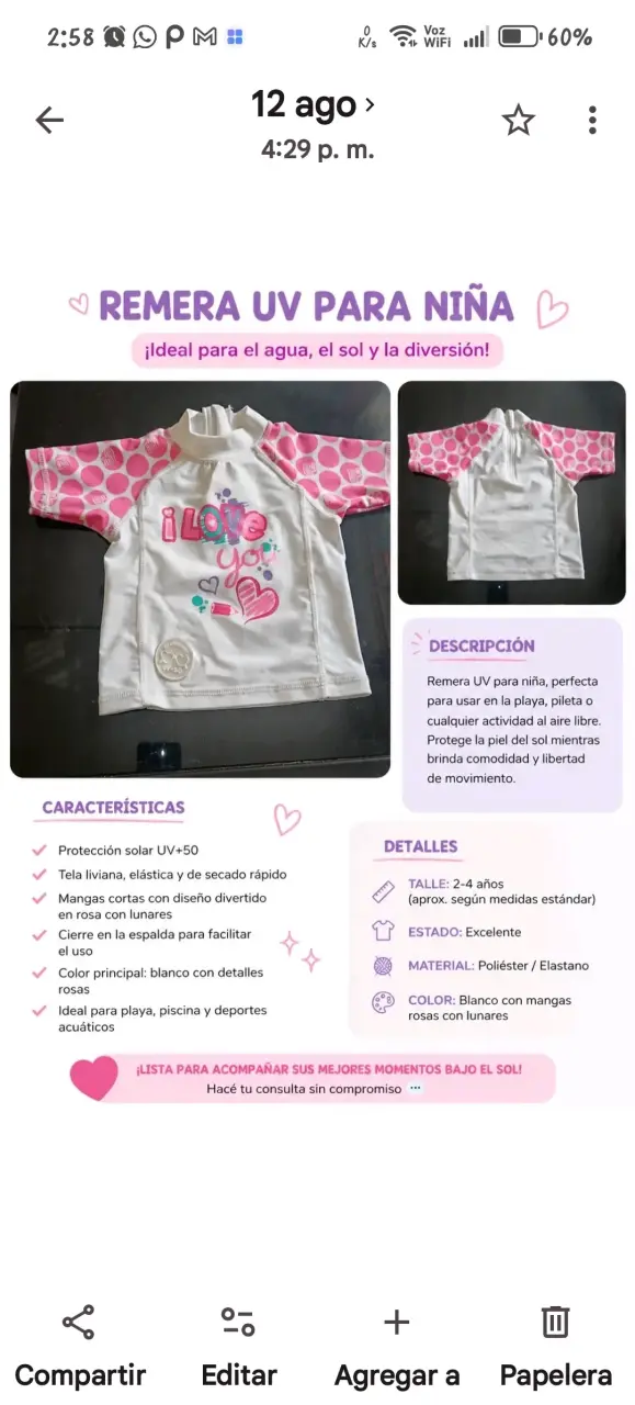 Remera UV para niña con protección solar