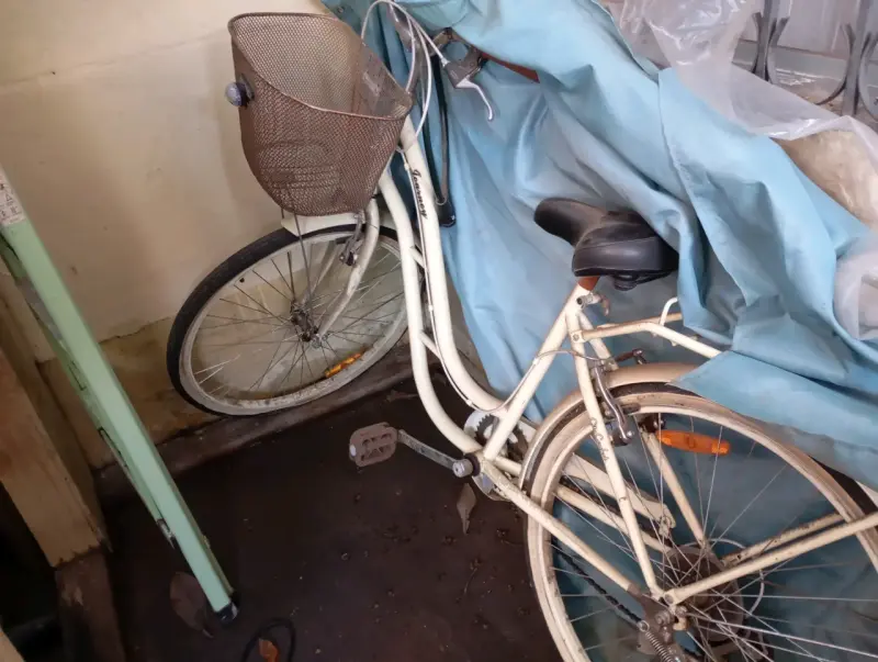Bicicleta vintage blanca con canasto delantero