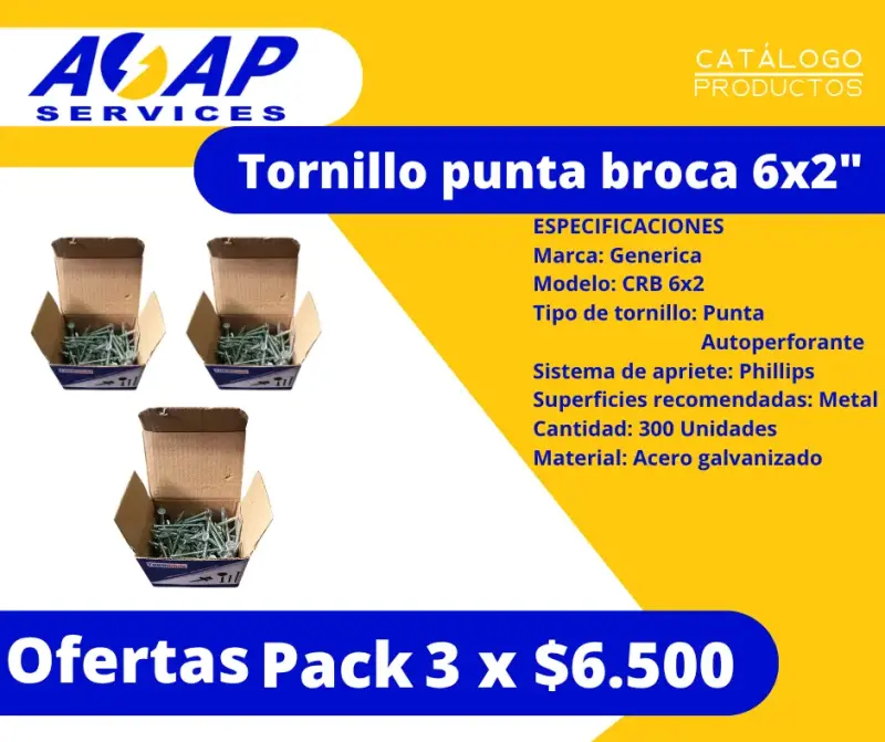 Pack 3 Cajas Tornillo Autoperforante 6x2" (300un)