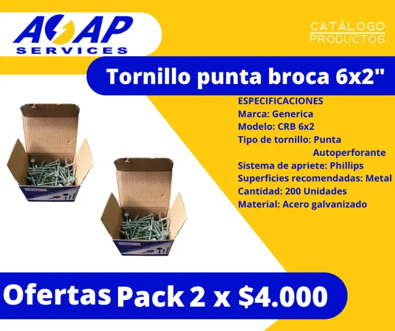 Pack 2 Cajas Tornillo Autoperforante 6x2" (200un)