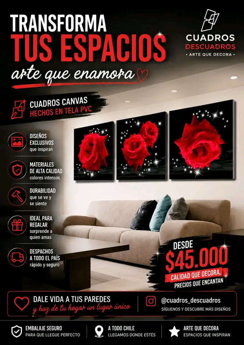 Cuadros canvas con rosas rojas en tela PVC