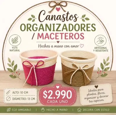 Canasto organizador de yute artesanal - miniatura 4