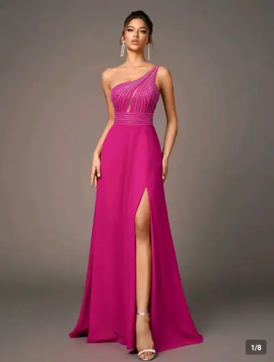 Vestido de fiesta fucsia con un hombro y abertura - miniatura 1