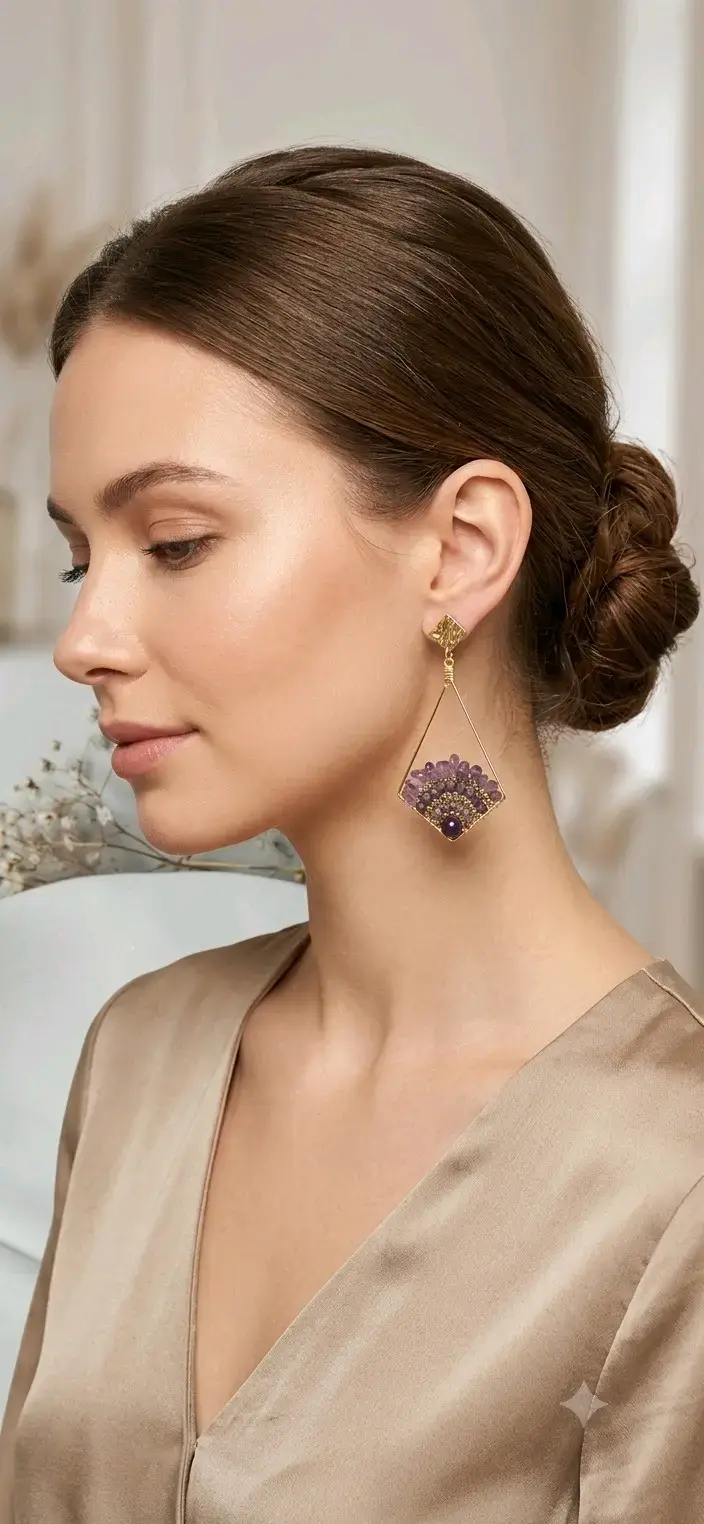 Aros colgantes dorados con piedras moradas - 4