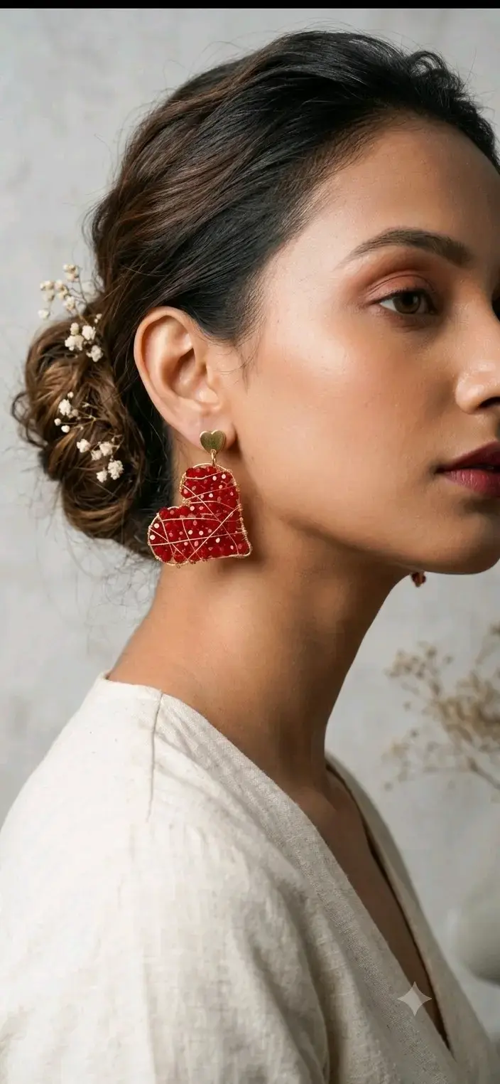 Aros de corazón rojo con cuentas y alambre dorado - 3