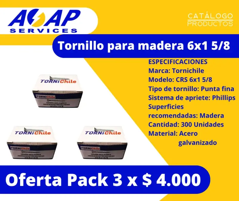 Pack 3 Cajas Tornillo Madera 6x1-5/8" (300un)