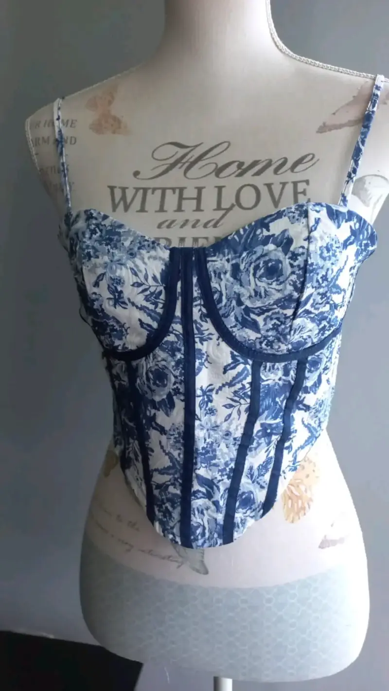 Top estilo Corset floral azul y blanco - 1