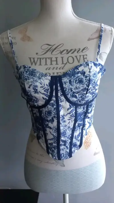 Top estilo Corset floral azul y blanco - miniatura 2