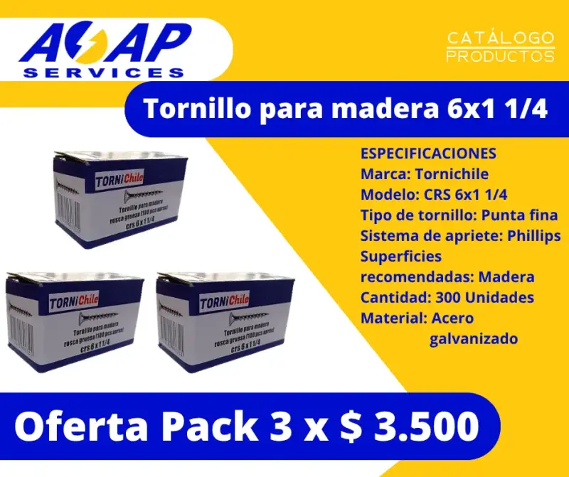 Pack 3 Cajas Tornillo Madera 6x1-1/4" (300un)