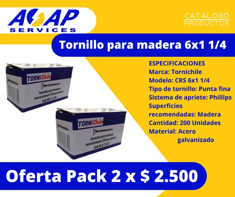 Pack 2 Cajas Tornillo Madera 6x1-1/4" (200un)