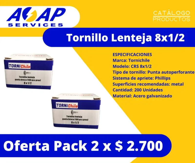 Pack 2 Cajas Tornillo Lenteja 8x1/2" (200un)
