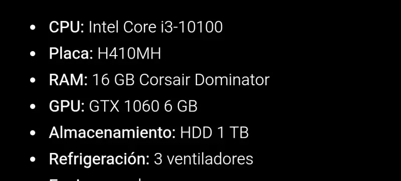 PC Gamer con Intel i3 y GTX 1060 - 1