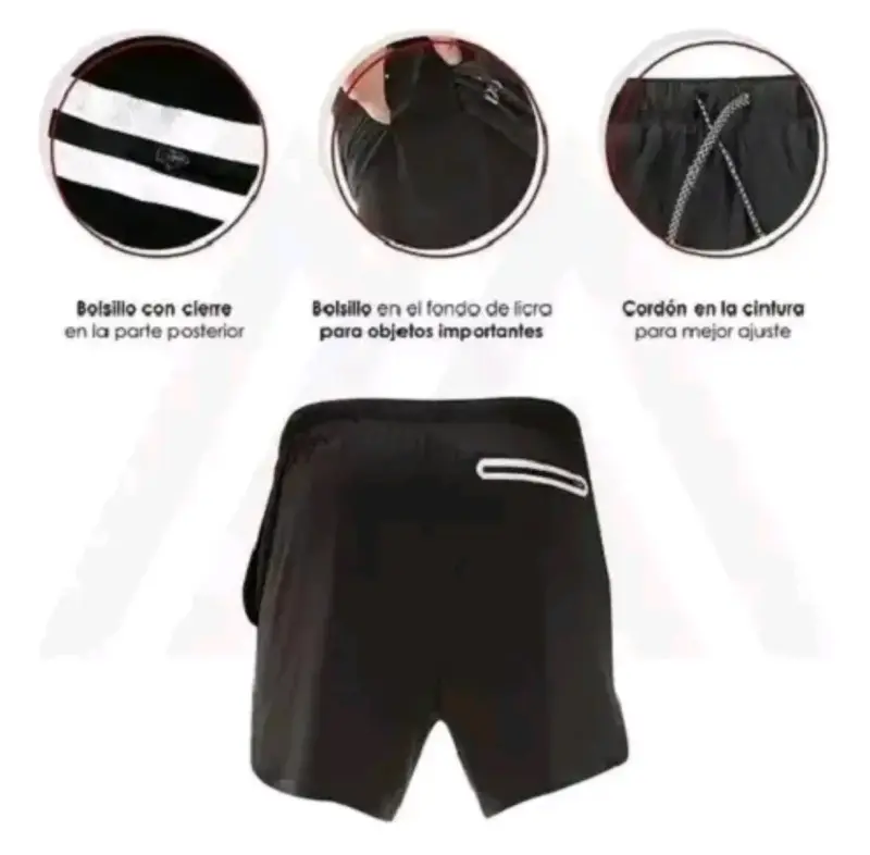 Shorts deportivos negros con bolsillo y cordón - 4
