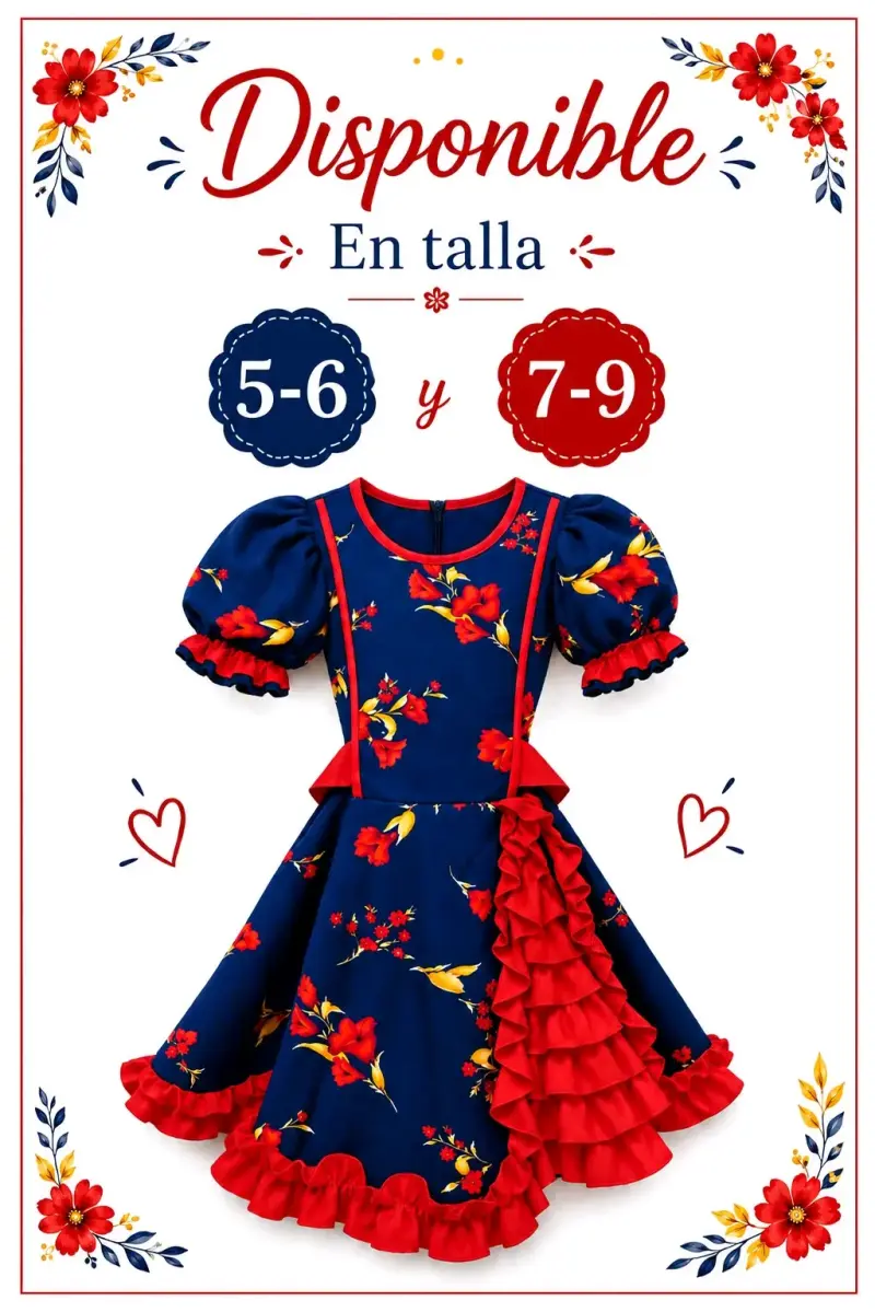Vestido infantil azul con flores rojas