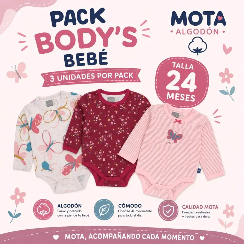 Pack de 3 bodys de bebé Mota algodón 24 meses