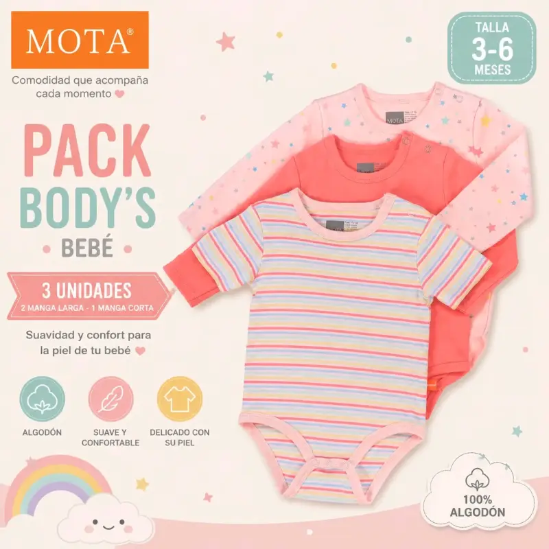 Pack de 3 bodys de bebé Mota 100% algodón