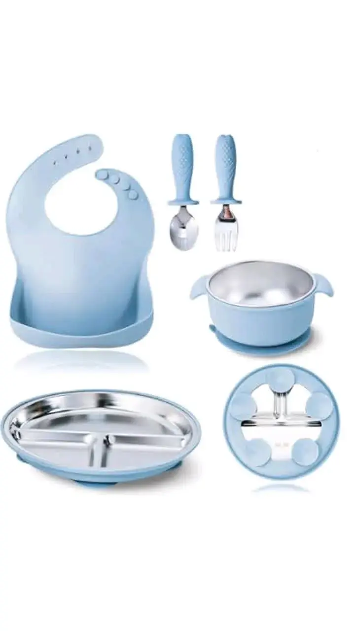 Set de alimentación para bebé azul con cubiertos y babero